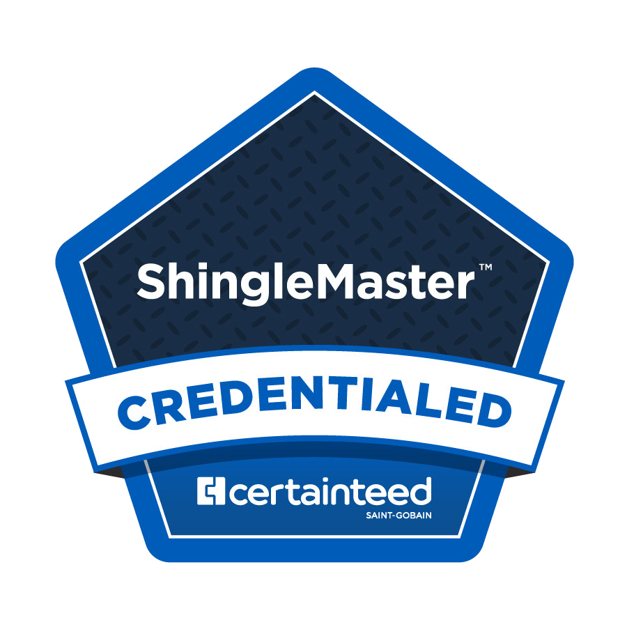 ShingleMaster credential badge with blue pentagon design and CertainTeed logo