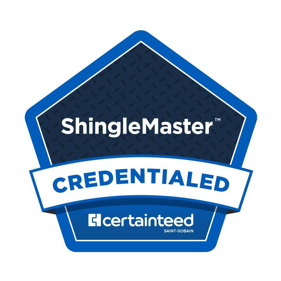 ShingleMaster credential badge with blue pentagon design and CertainTeed logo