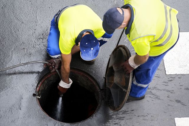 Two workers in safety vests open a manhole in asphalt, one using a hose.
