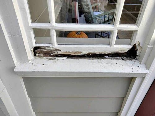 Exterior window sill with damaged, rotting wood. White trim, gray siding, and a glimpse of a pumpkin inside.