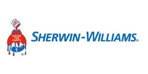 Sherwin-Williams logo: red can pouring paint over a globe, with the company name in blue.