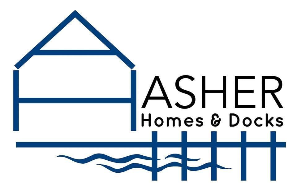 Logo: Blue house outline above "ASHER Homes & Docks" text, with stylized water and dock design below.