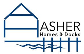 Logo: Blue house outline above "ASHER Homes & Docks" text, with stylized water and dock design below.