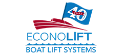 Logo for EconoLift Boat Lift Systems, featuring a boat and flag with the number 40.