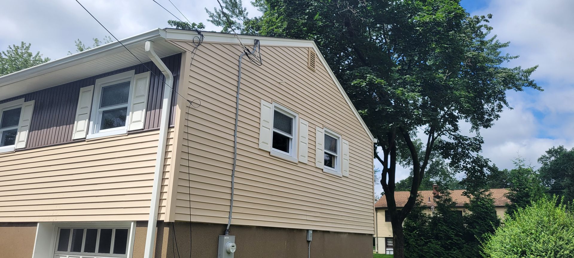 A house with a lot of windows and a tree in front of it.