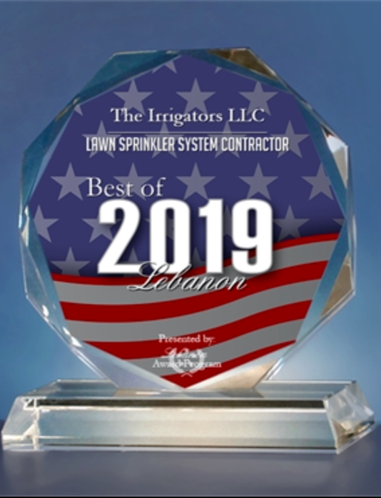 Octagonal glass award with American flag design reading “Best of 2019 Lebanon” for The Irrigators LLC