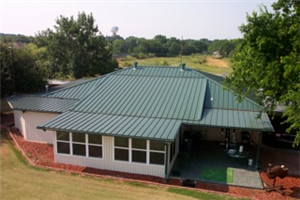 An aerial view of a house with a green roof