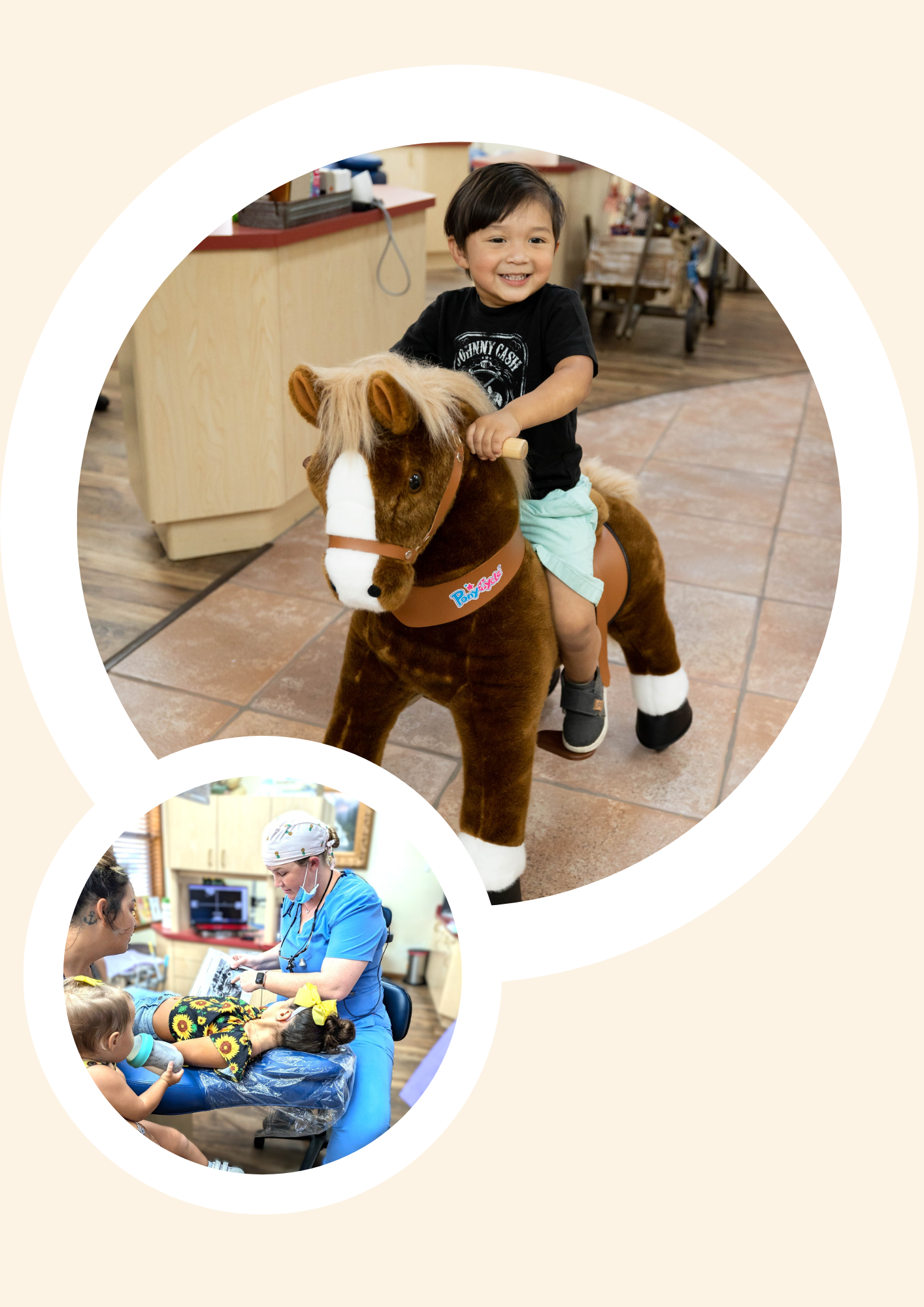 A little boy is riding a stuffed horse in a circle