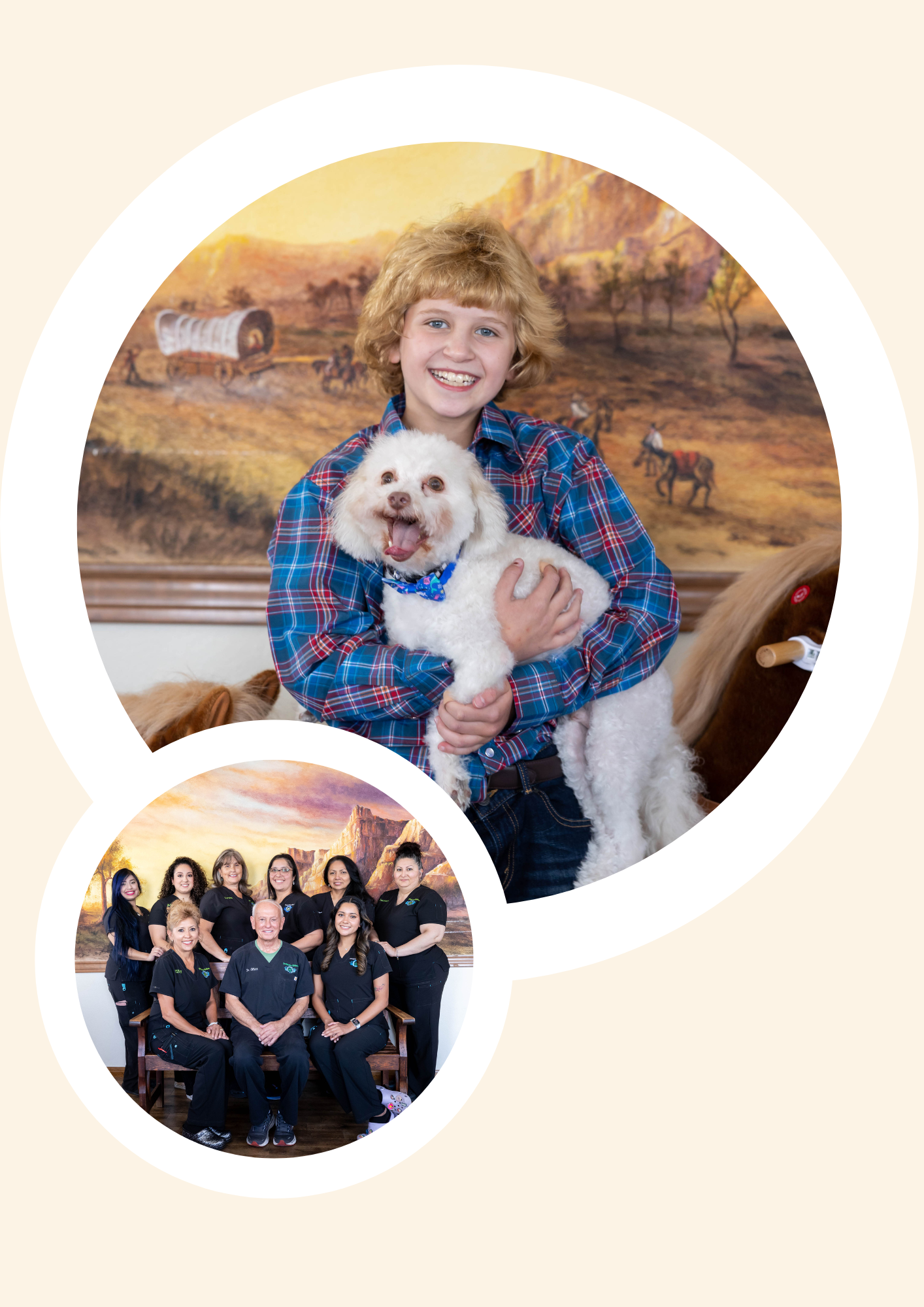 A woman is holding a small white dog in front of a group of people