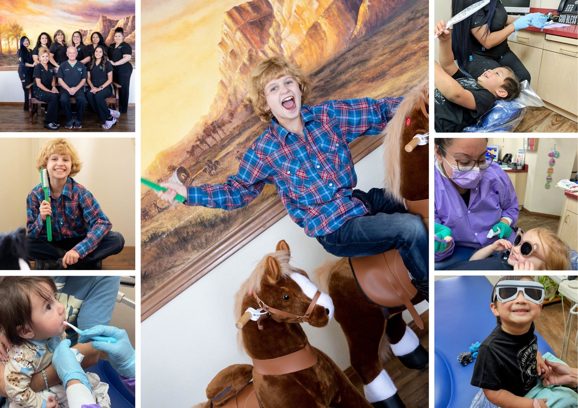 A collage of photos of children having their teeth examined by a dentist.