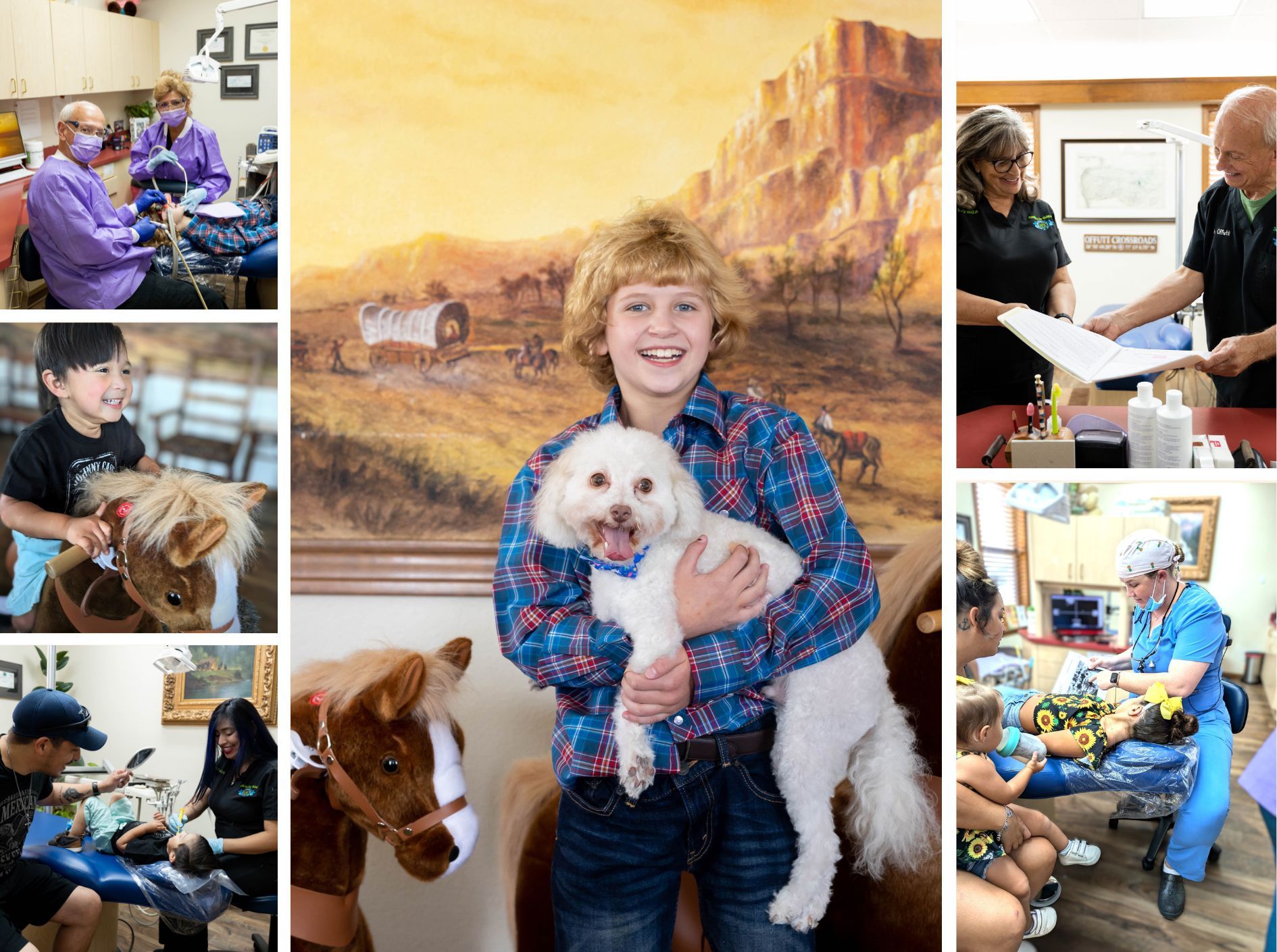 A young boy is holding a small white dog in a dental office.