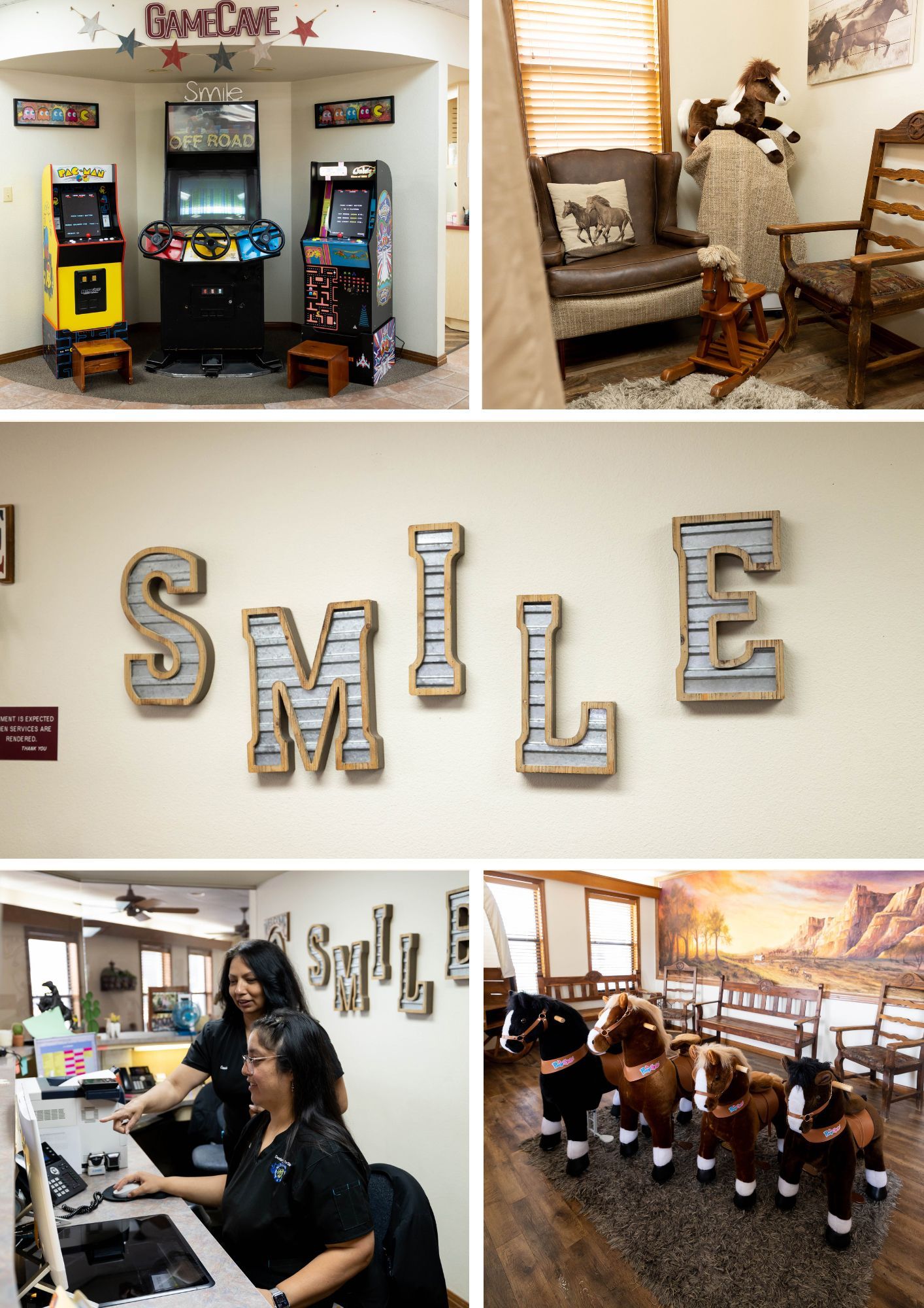 A collage of photos of a dental office with the word smile on the wall.