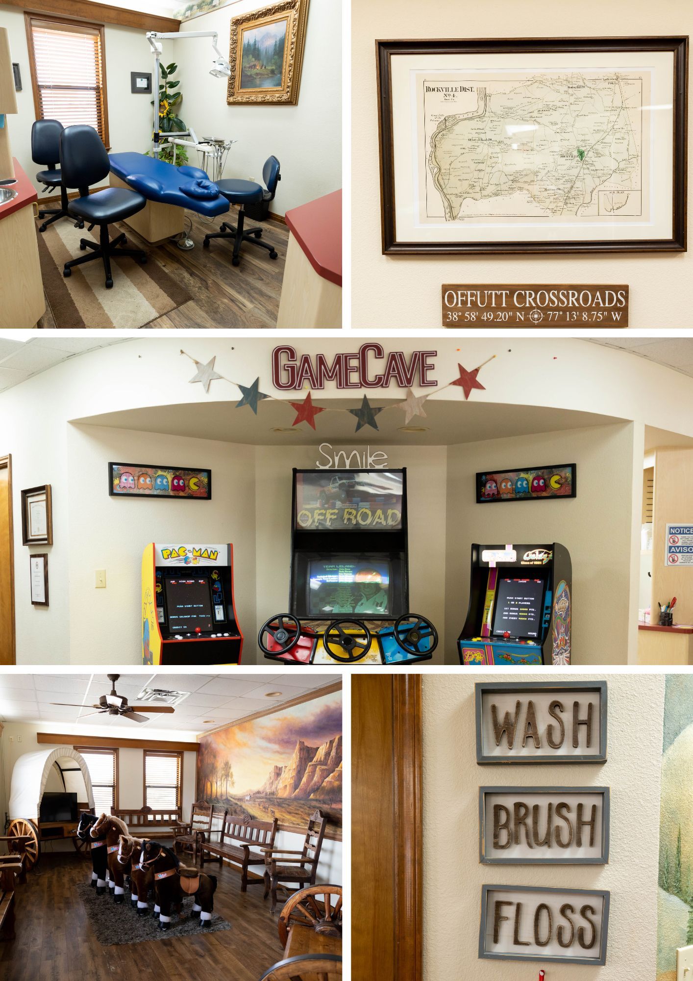 A collage of photos of a dental office with a sign that says game cave