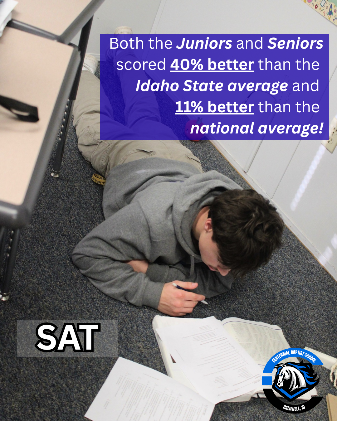 A student lies on a carpeted floor studying, with text overlay celebrating SAT scores above state and national averages.