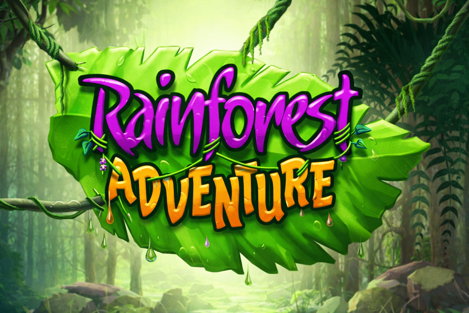 Title text Rainforest Adventure in purple and orange lettering on a large green leaf, set against a misty jungle backdrop.