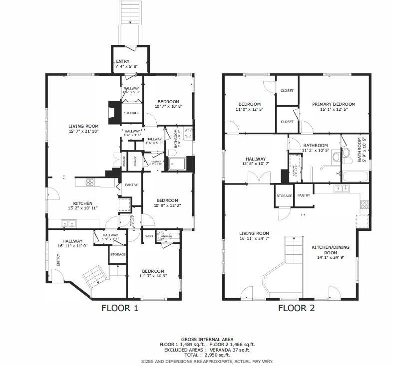 Floor plan of a two-story house with rooms labeled and dimensions provided.