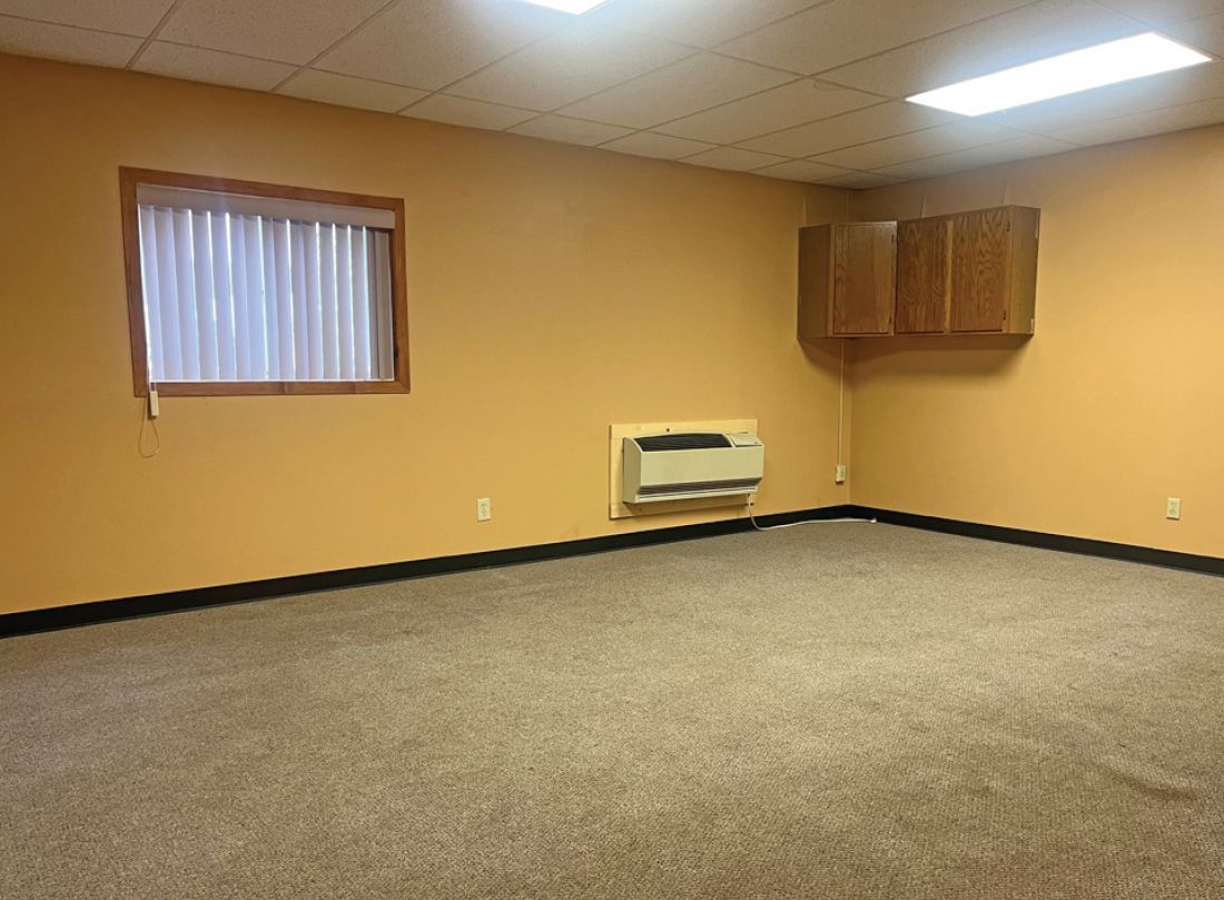 Empty room with tan carpet, orange walls, small window with blinds, cabinets, and a heater.