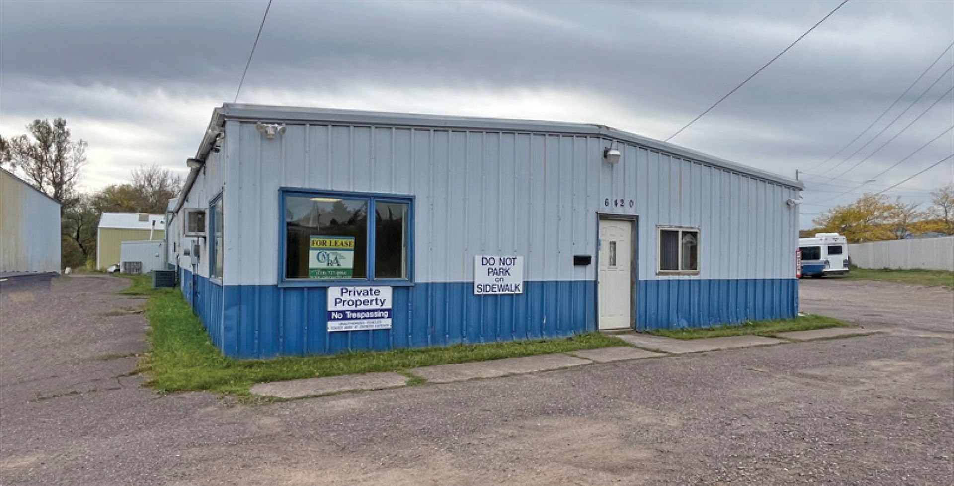 Blue and white commercial building.