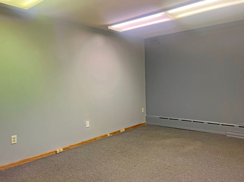 Empty room with gray walls, carpet, and fluorescent lighting.