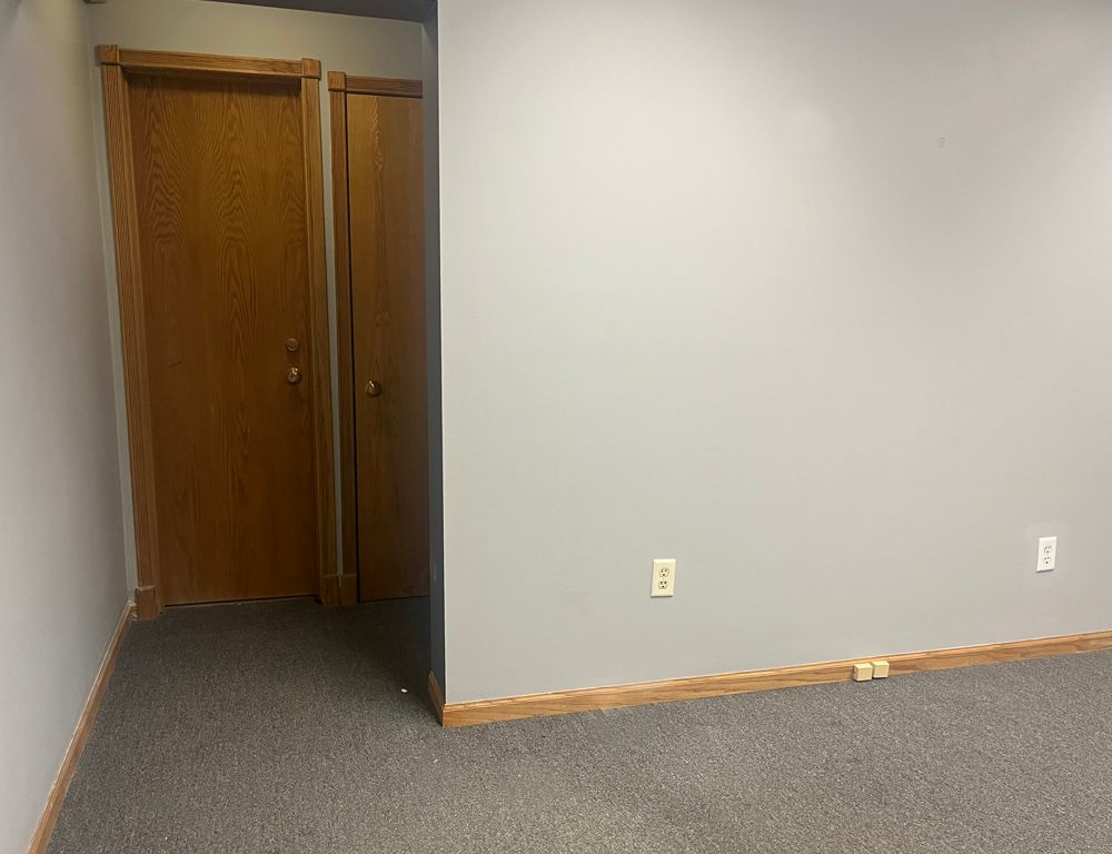 Empty room with gray walls and carpet. Two brown doors are in the corner.