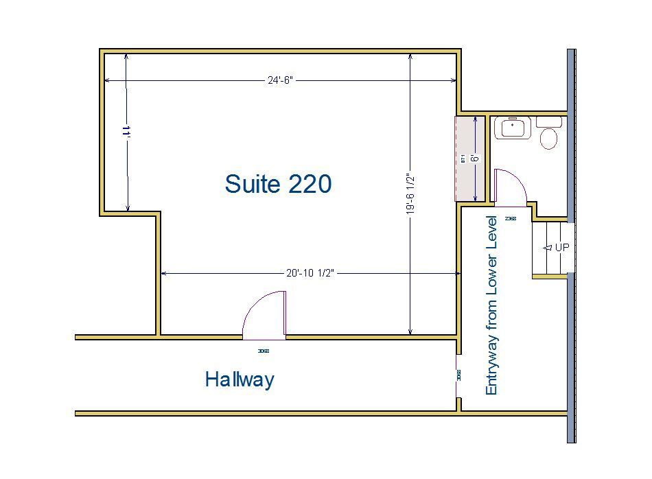 A floor plan of suite 220 with hallway and entrance from lower level