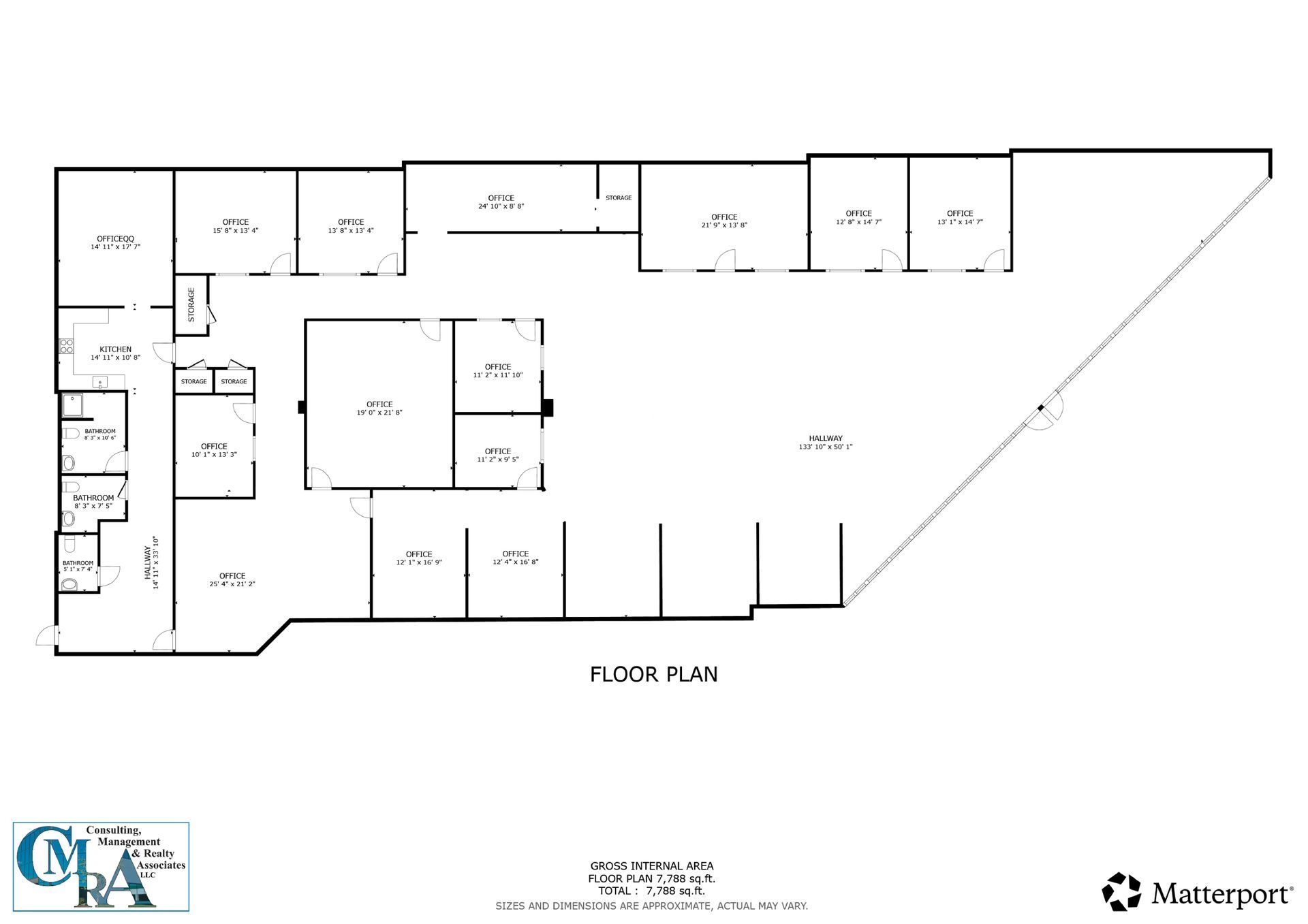 Floor plan showing rooms and hallways in a commercial building.