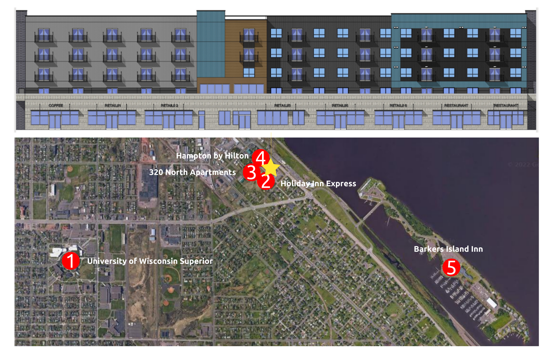 a drawing of a building next to an aerial view