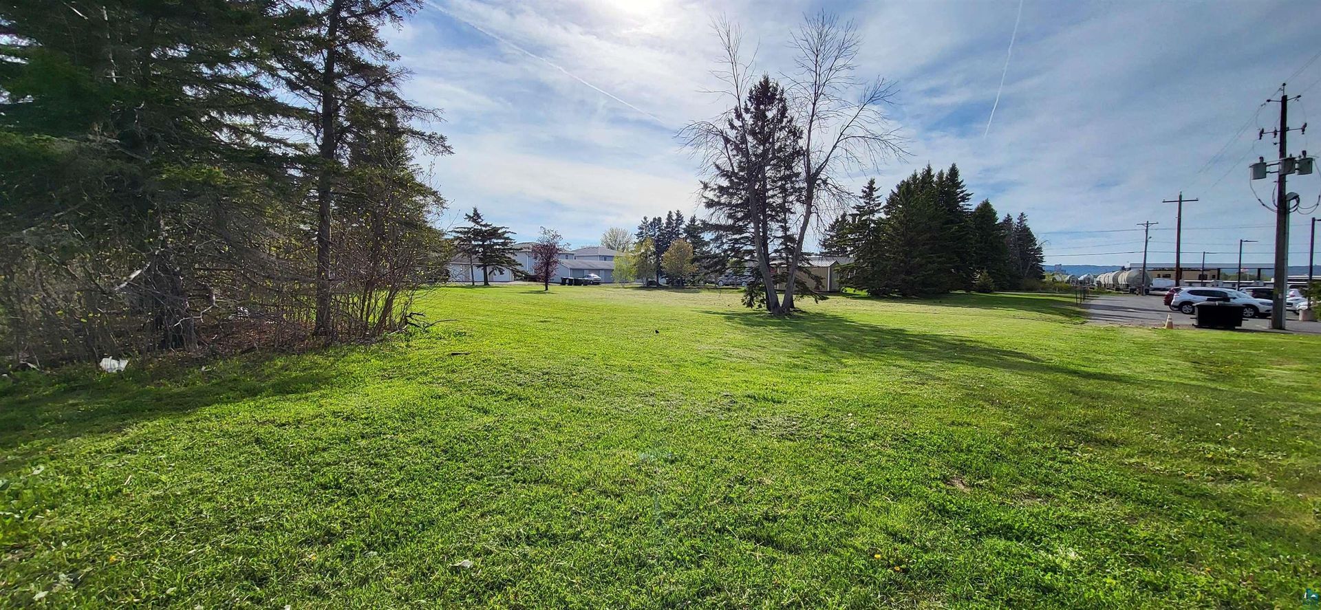 Sunny grassy field with trees, cars, and utility poles.
