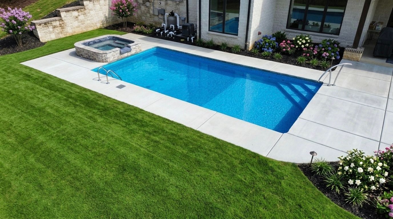 Pool and hot tub with fire features, rocking chairs, and lake at sunset.