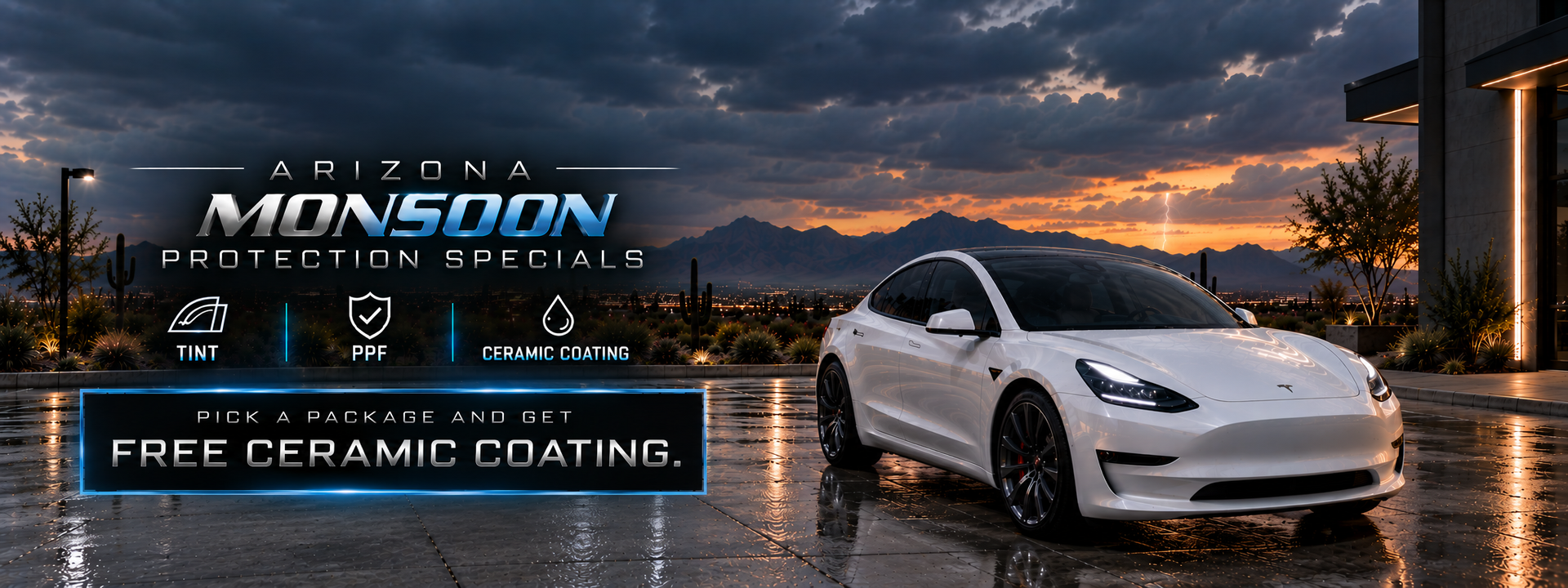 White Tesla on a sunset road with “Madcow Detailing” ad and “Free ceramic coating” text