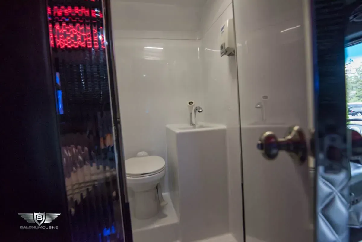 Interior of a white, compact bathroom with a toilet, sink, and shower. Door frame visible on right.