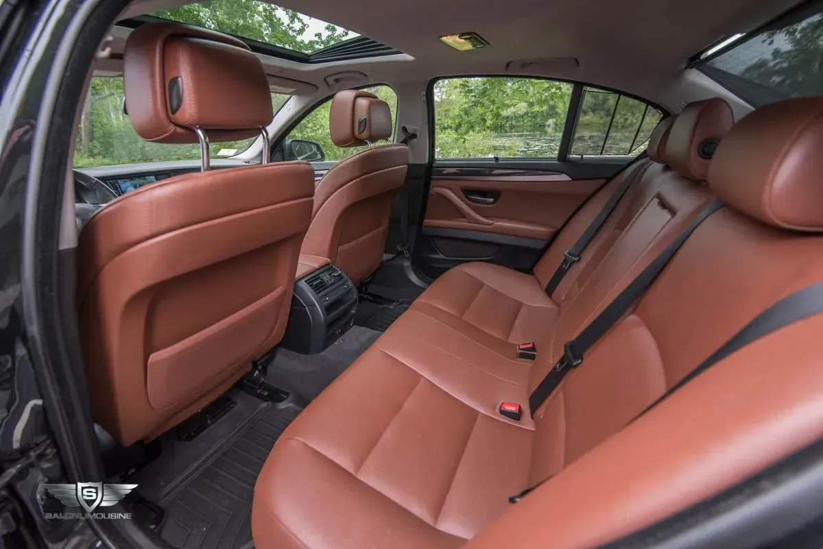 Brown leather car interior with back seats, headrests, and a sunroof.