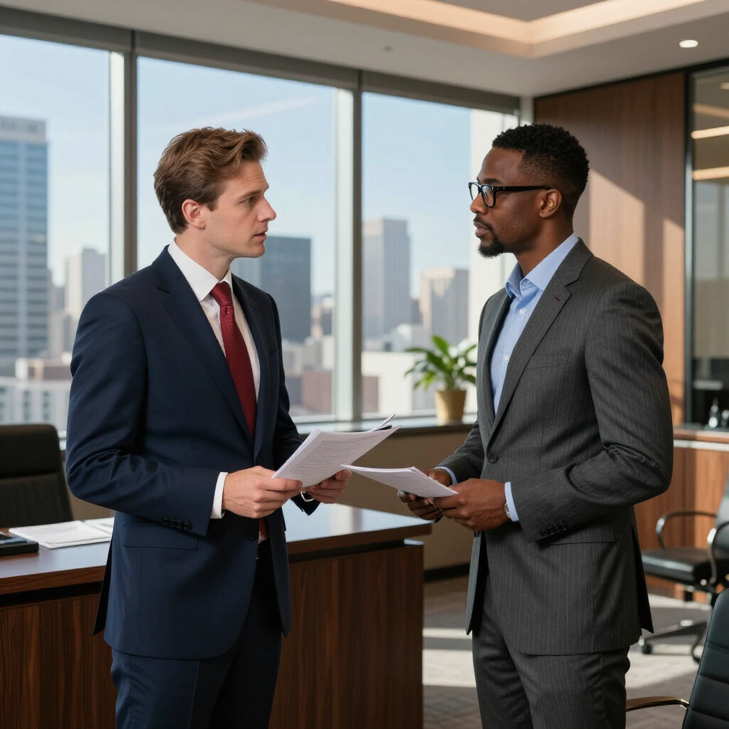 Two business professionals discussing documents in a modern office with city view