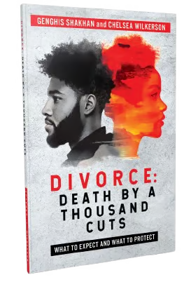 Book cover titled “Divorce: Death by a Thousand Cuts” with two overlapping side-profile faces in black and orange-red.