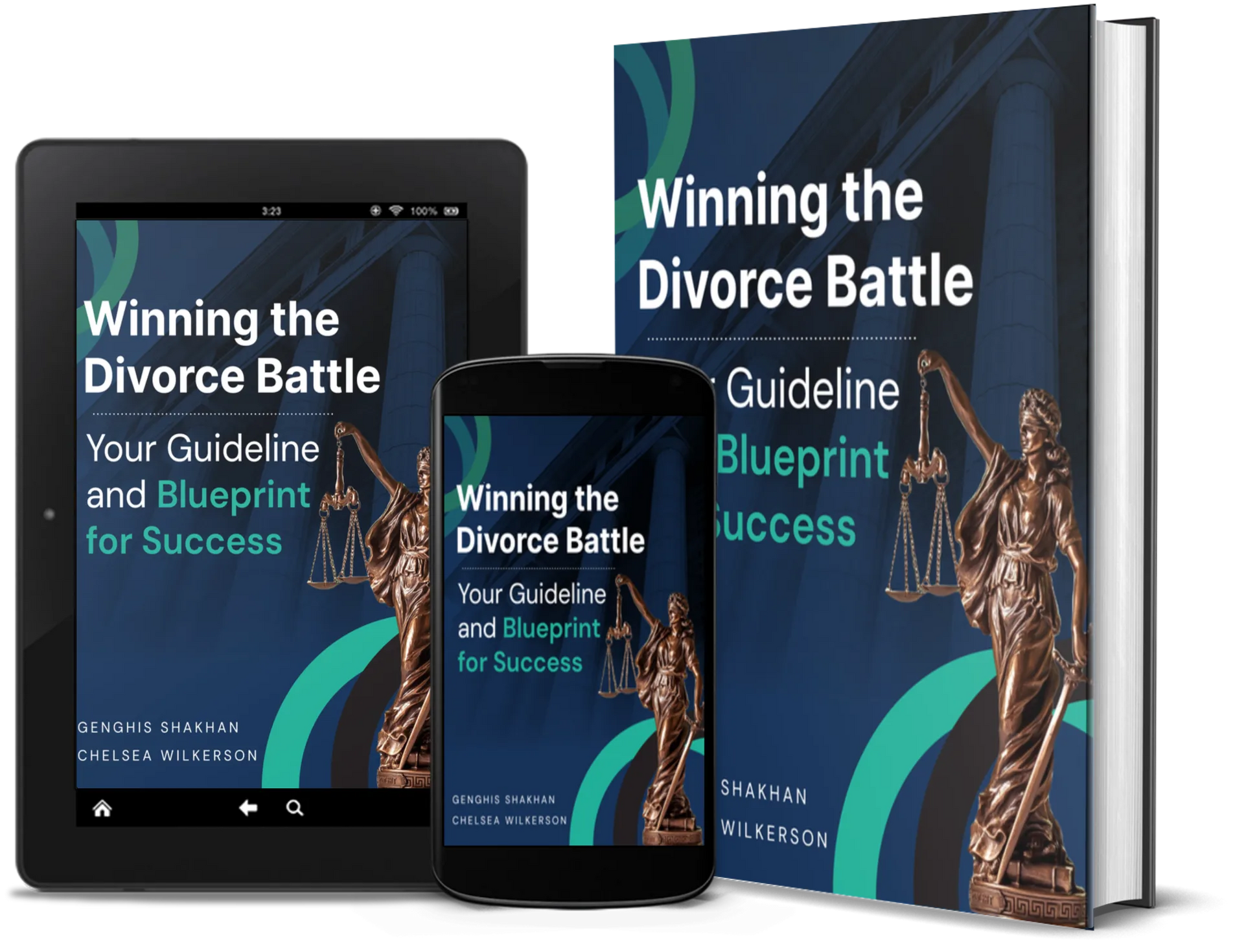 E-book mockup: “Winning the Divorce Battle” shown on tablet, phone, and book cover with blue background.