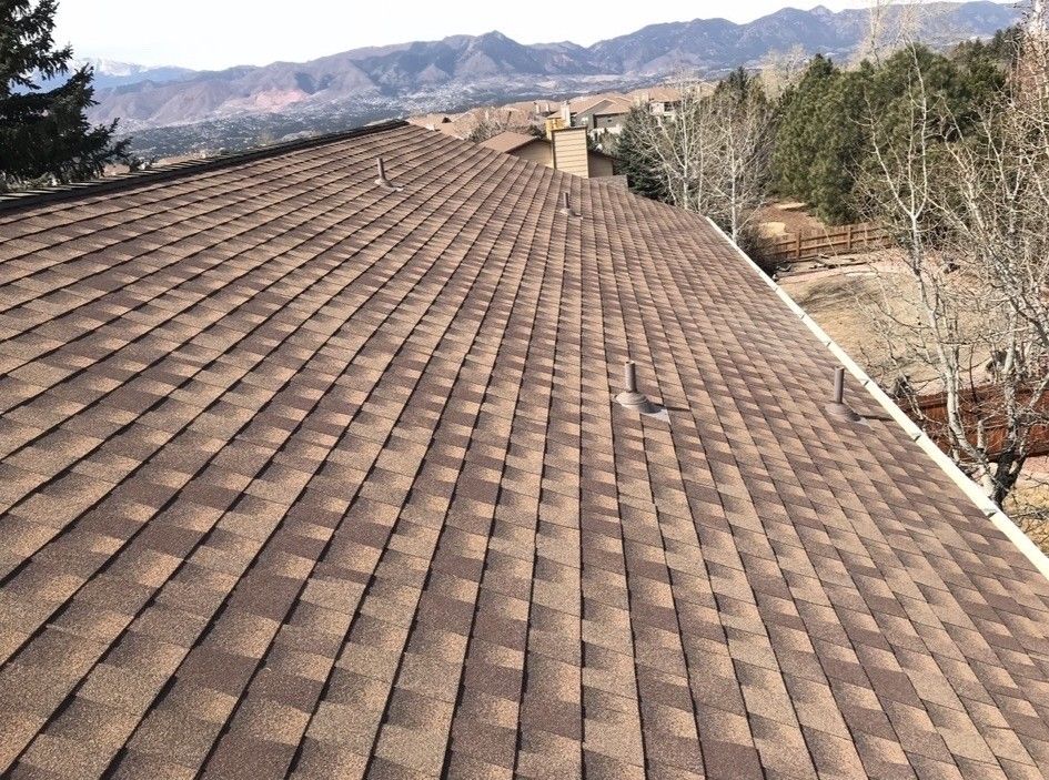 Brown shingled roof with mountain backdrop.