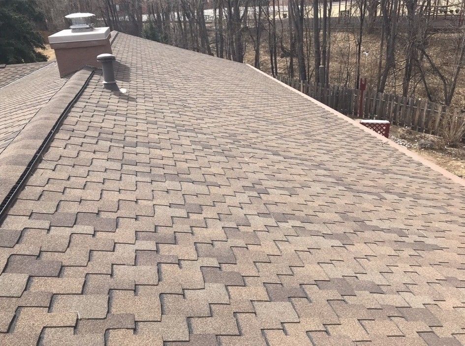 Brown asphalt shingle roof with chimney and trees in background.