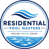 Residential Pool Masters logo with blue waves and the tagline “Design. Build. Enjoy.”