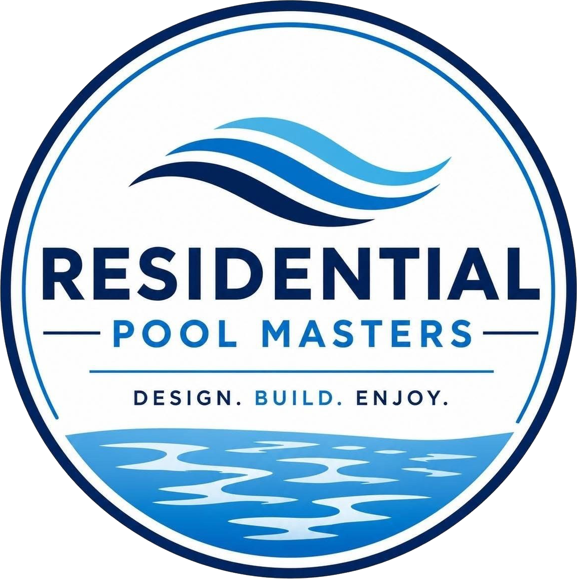 Residential Pool Masters logo with blue waves and the tagline “Design. Build. Enjoy.”