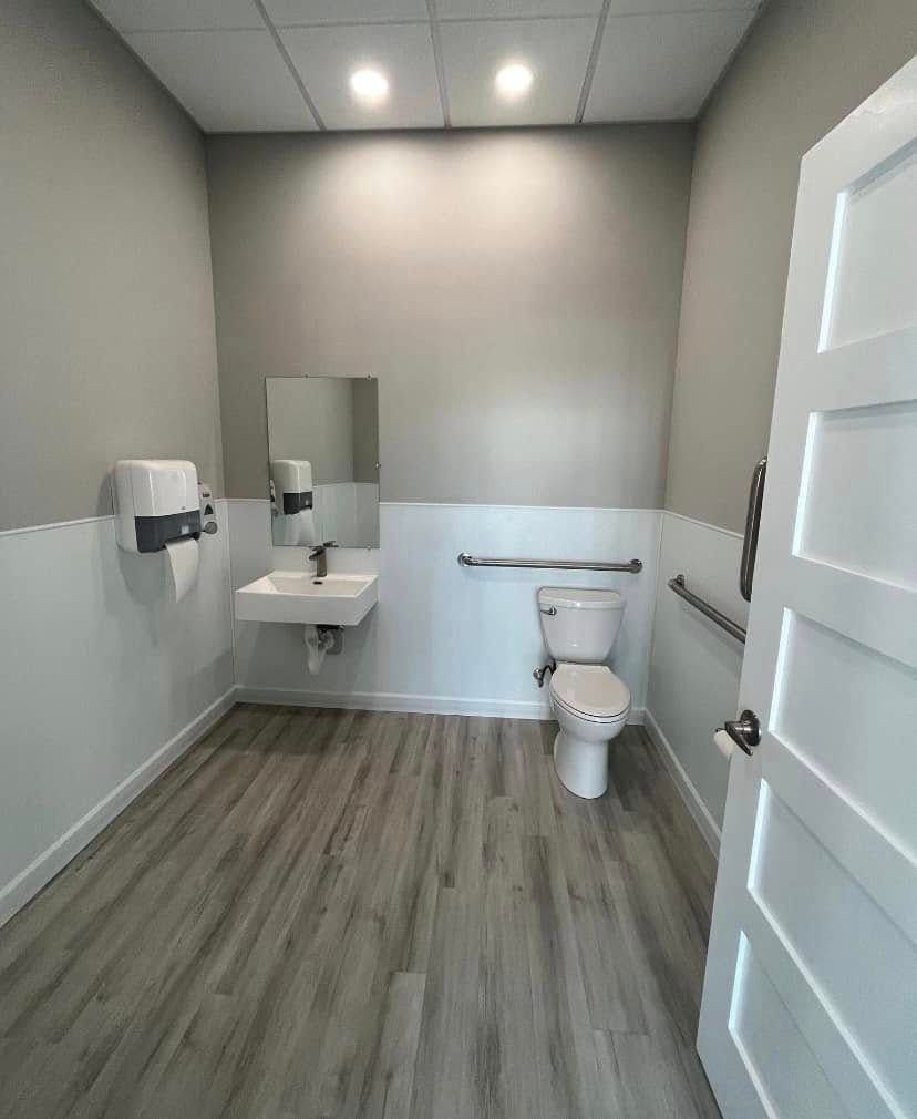Modern accessible restroom with sink, toilet, grab bars, and wood-look flooring
