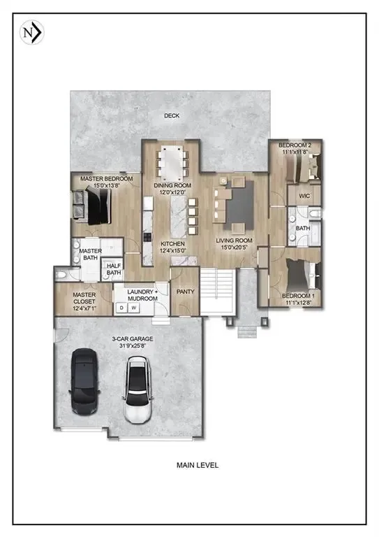 Floor plan of a house with labeled rooms, garage, kitchen, living areas, and driveway with two cars
