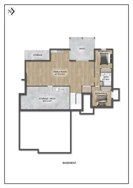 Floor plan of a house with labeled rooms, carpeted main living area, kitchen, bath, and a large garage.