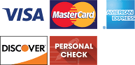 Visa, MasterCard, American Express, Discover & Personal Check