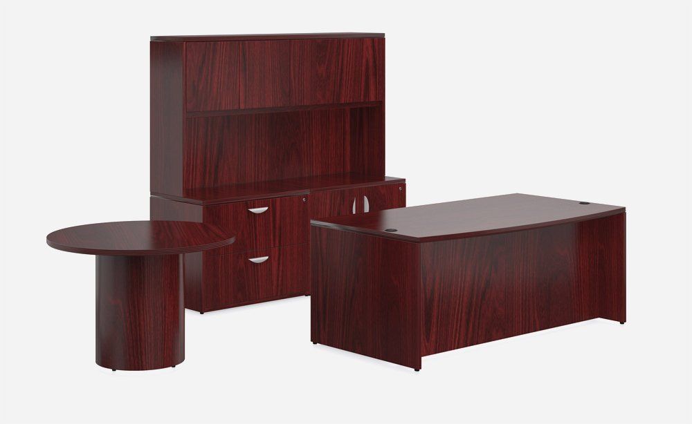 Office table, bookshelves and cabinets