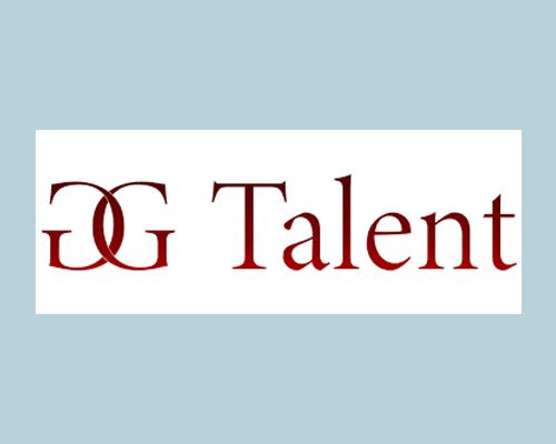 DG Talent logo in dark red serif text on a white rectangle with a light blue background