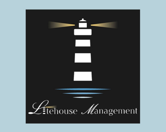 A lighthouse logo with a glowing light against a black background, with the text