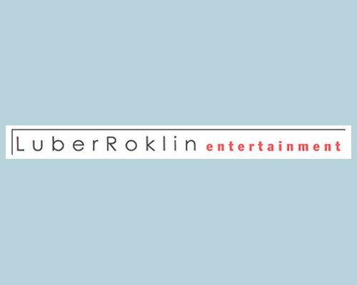 Luber Roklin Entertainment logo: white rectangle with black text and a red word, on a light blue background.