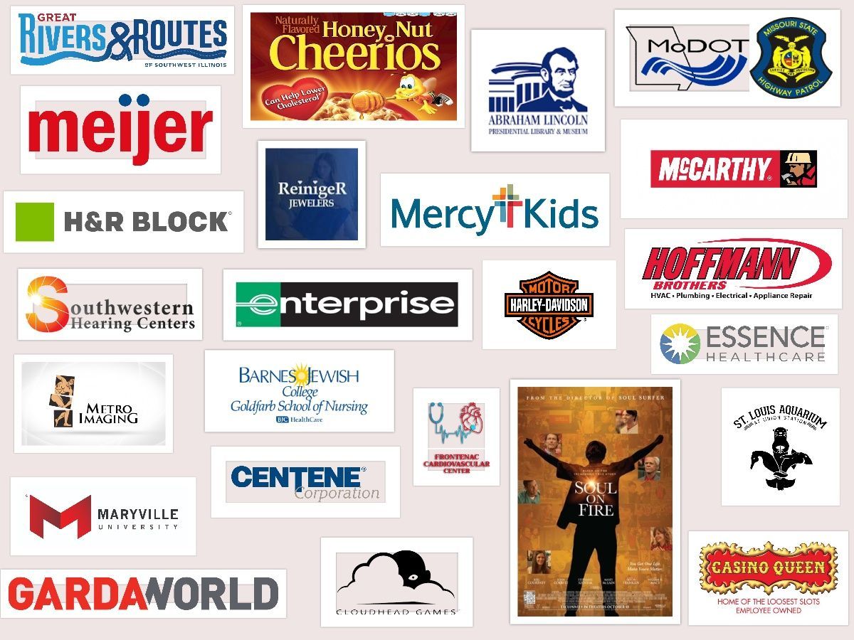 Logos for various companies and organizations, including Meijer, Cheerios, and Mercy Kids.
