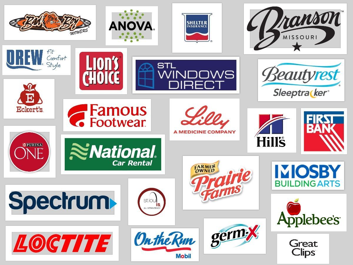 Logos of various companies including Branson, Famous Footwear, Applebee's, and Loctite.
