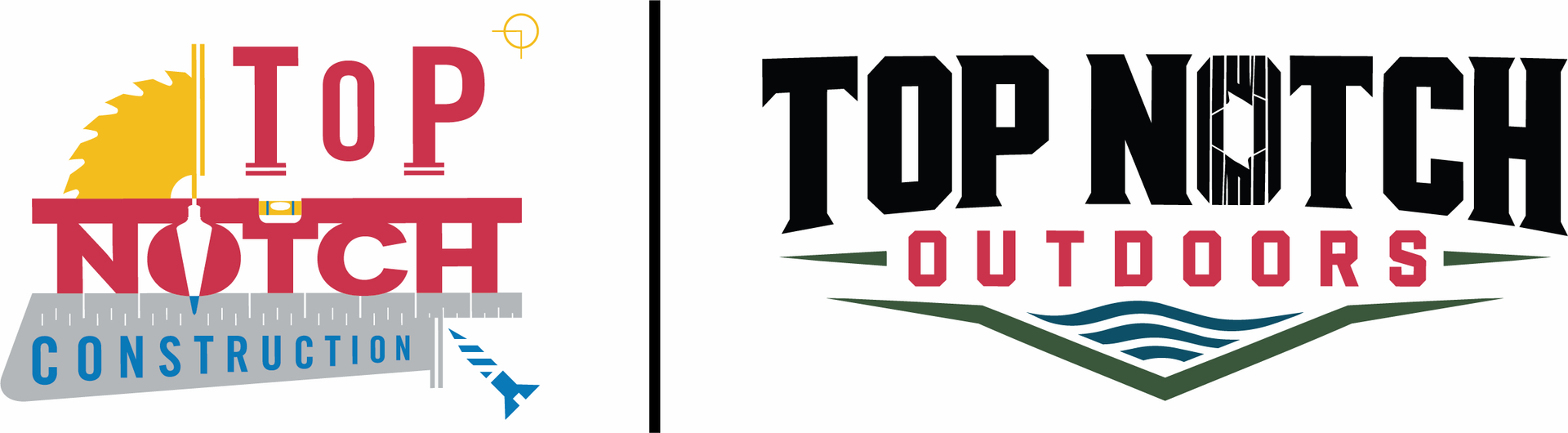Top Notch Construction and Top Notch Outdoors logos in red, black, blue, and green on a white background
